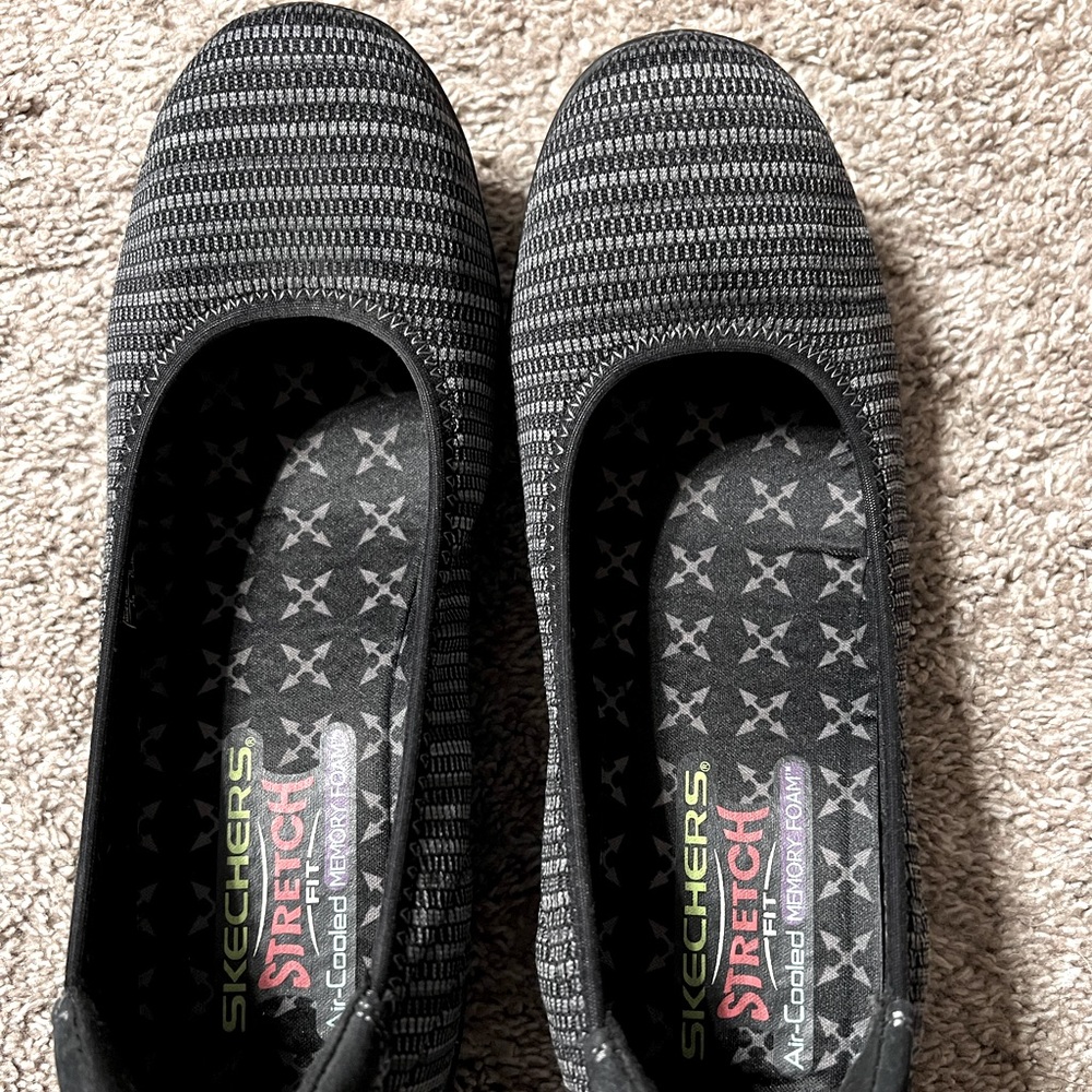 Skechers wedges. Size 8. Black and white stripes. Little to no wear.